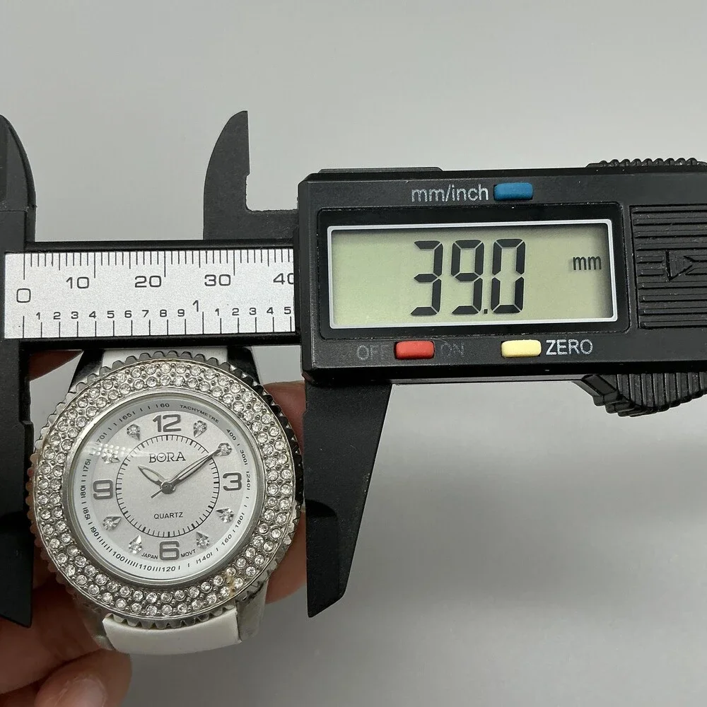 BORA Womens Watch 39mm Silver Tone White Silicone Crystals New Battery